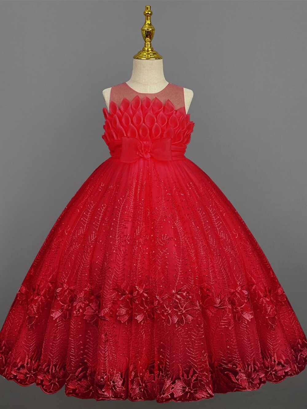 Elegant Red Flower Girl Dress Lace Sequined Pageant Birthday Ball Gown
